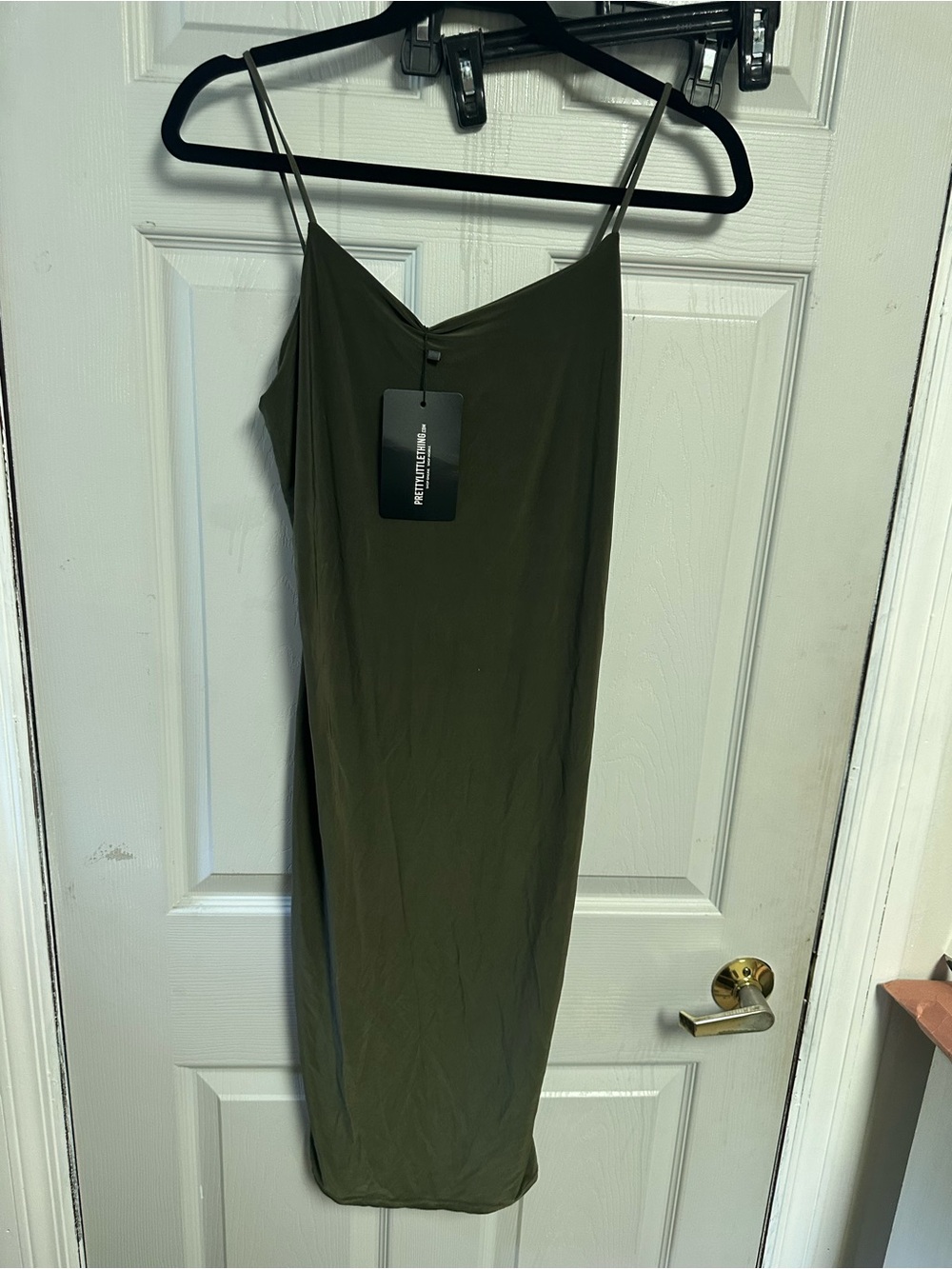 PrettyLittleThing Olive Slip Midi Dress with Spaghetti Straps